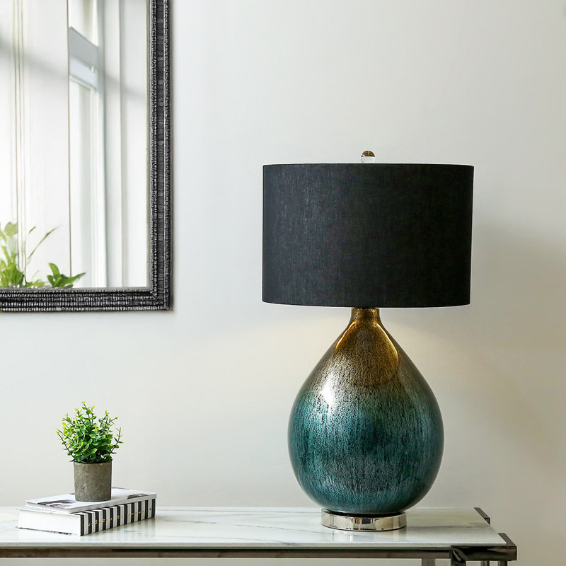 79cm Living Room Table Lamp with Glass Base, Bedside Buffet Lamp for Bedroom with Linen Shade, Green, Black