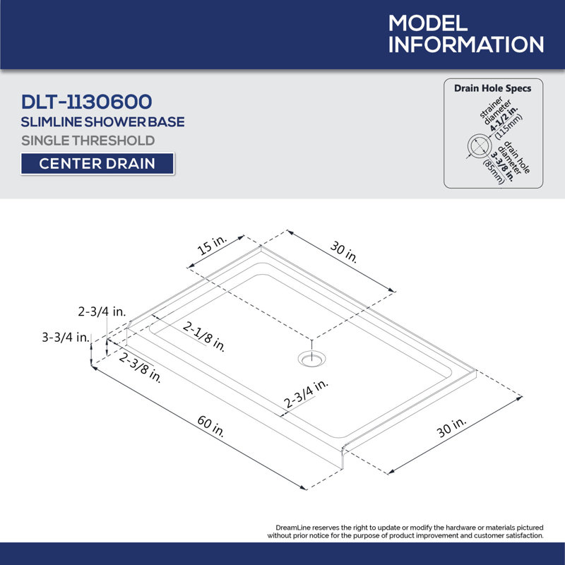  Base de douche DreamLine SlimLine 30 po x l 60 po x H 2 3/4 po, Centre, 60"W x 30"L, Gris ardoise