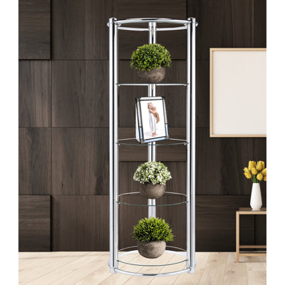 Frame And Tempered Glass Triangle Display Shelf With 5 Shelves For Primary Living Areas, Contemporary Design, Open Back, Silver Clear Colors Shelf, Spaces, Clean Lines Aesthetic, 20.52 In Width
