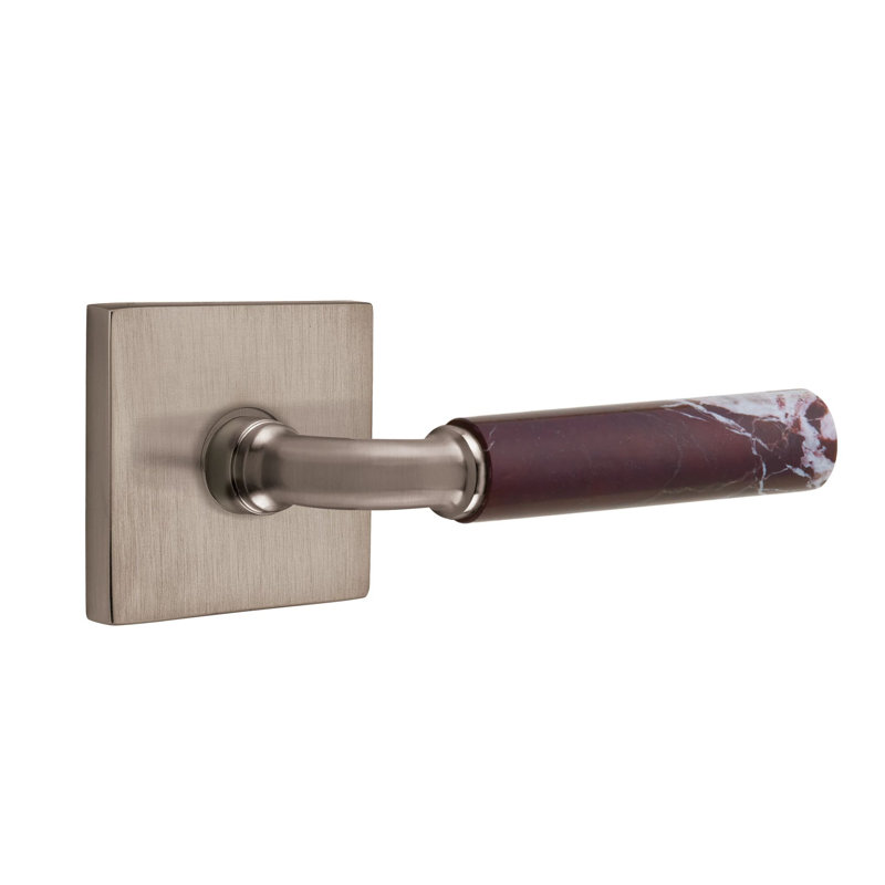 Ensemble de leviers de passage Emtek Select avec rosette carrée et tige R-Bar, levier en marbre Rosso Levanto (CF), Étain