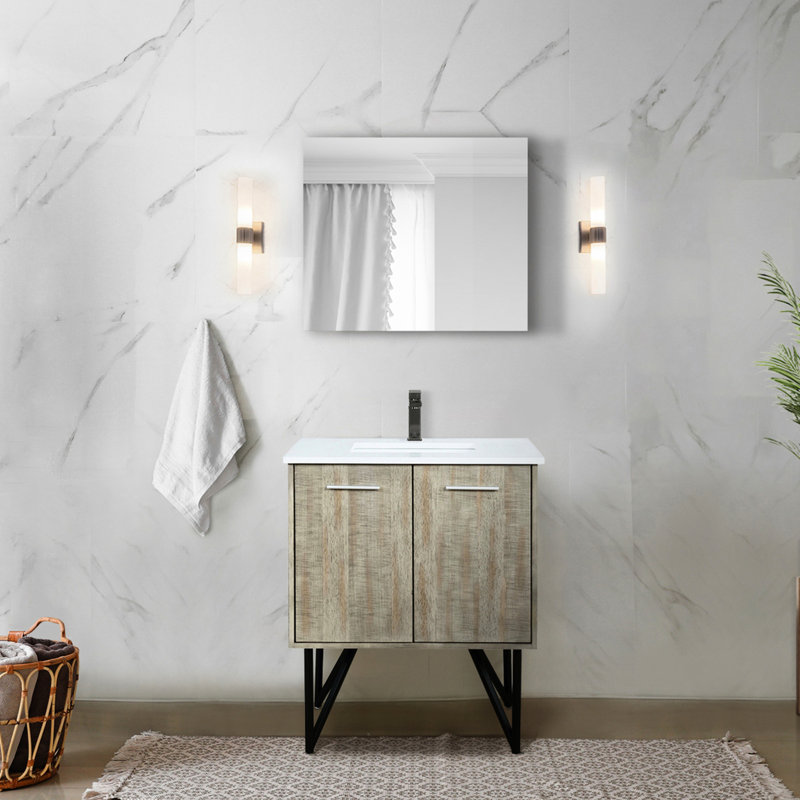 Rustique 30 po Meuble-lavabo large, surface en quartz blanc, robinet en métal et miroir 28 po x P 20 po pour salle de bain, comptoir, enchanteur