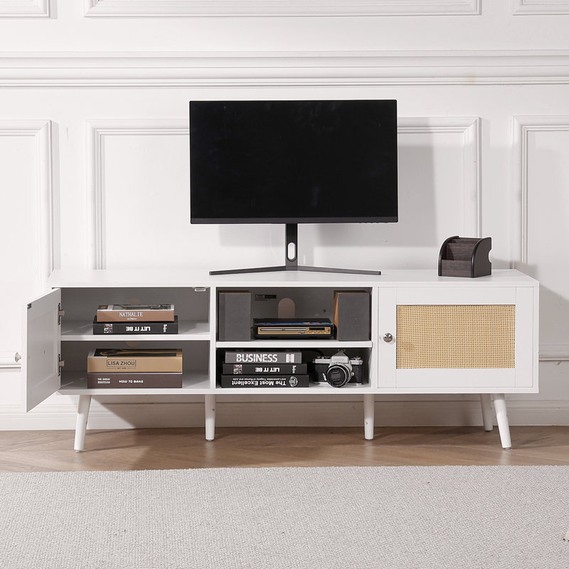 Meuble télé en rotin pour téléviseur 65 pouces, Blanc