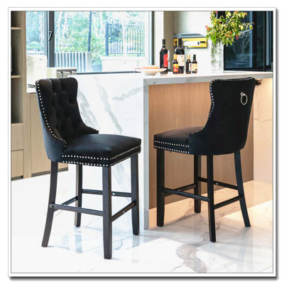Contemporary Velvet Upholstered Barstools with Button Tufted Decoration and Wooden Legs, and  Leisure Style Bar Chairs,Bar stools, Set of 2 (Beige),SW2002BG