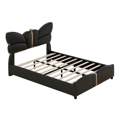Full Size Bed Frame With Butterfly Headboard And Footboard, PU Leather Upholstered Platform Bed With Gold Metal Decor