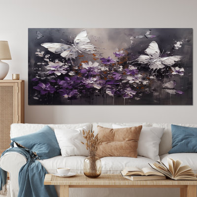 Ryuzo Purple And White Butterfly Wings And Flowers - Floral Canvas Prints
