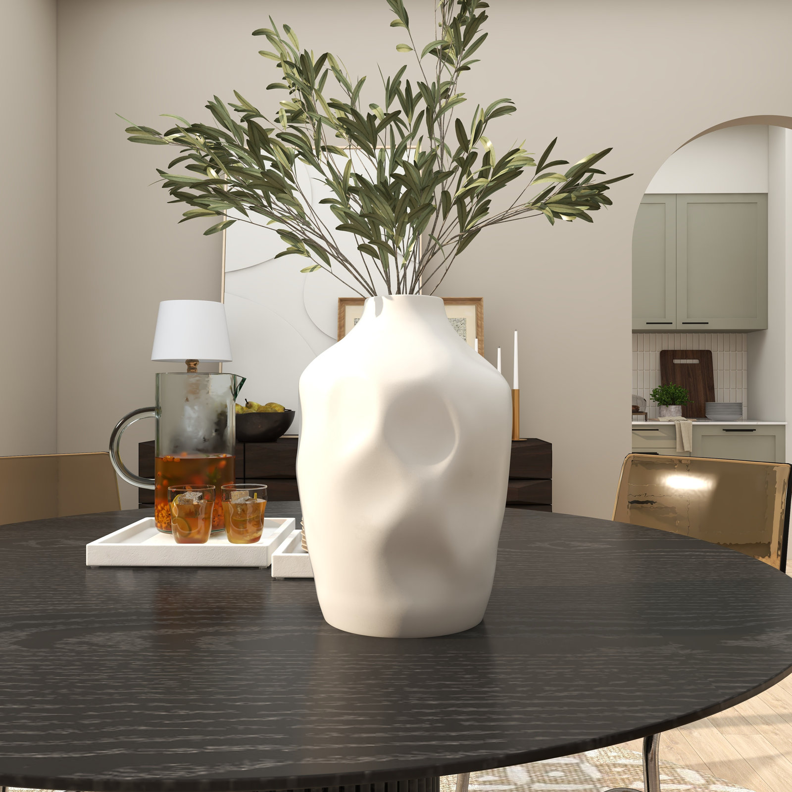 Stoneware Table Vase, White, 13.75" H x 9.15" W x 9.15" D