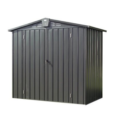Armoire d'extérieur en acier galvanisé 6,5 x 4,2 pi Pour la cour, pelouse. Rangez les outils, les tondeuses et les vélos. Verrouillable, ventilé. . 167 pieds cubes Un bâtiment noir peut accueillir des vélos et des tondeuses.