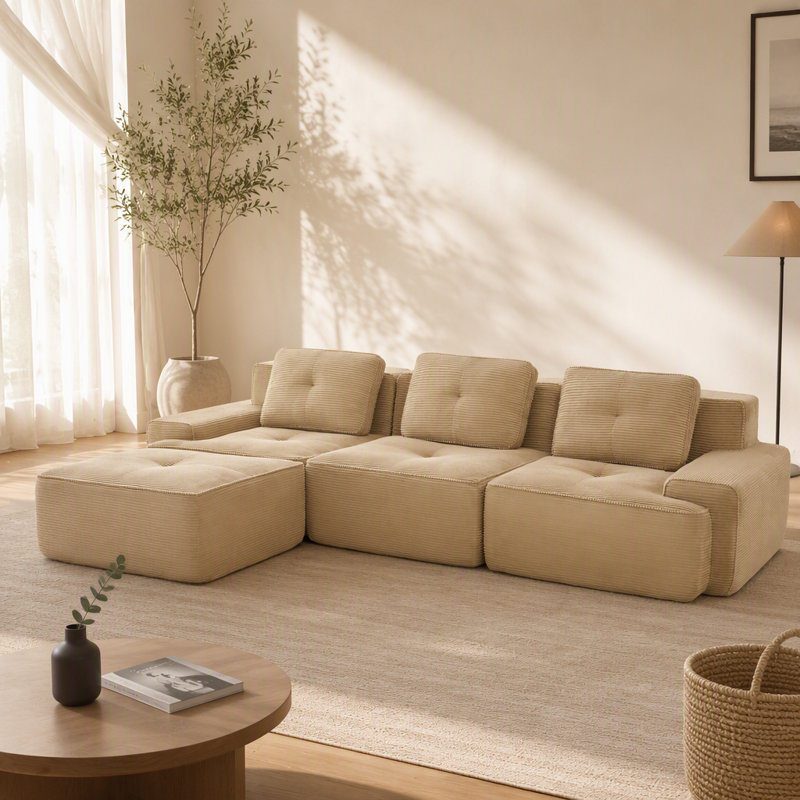 Canapé modulaire en forme de L de 117 pouces, tissu en velours côtelé, assise profonde, repose-pieds mobile, passepoil perlé, conception capitonnée, sans assemblage, base antidérapante