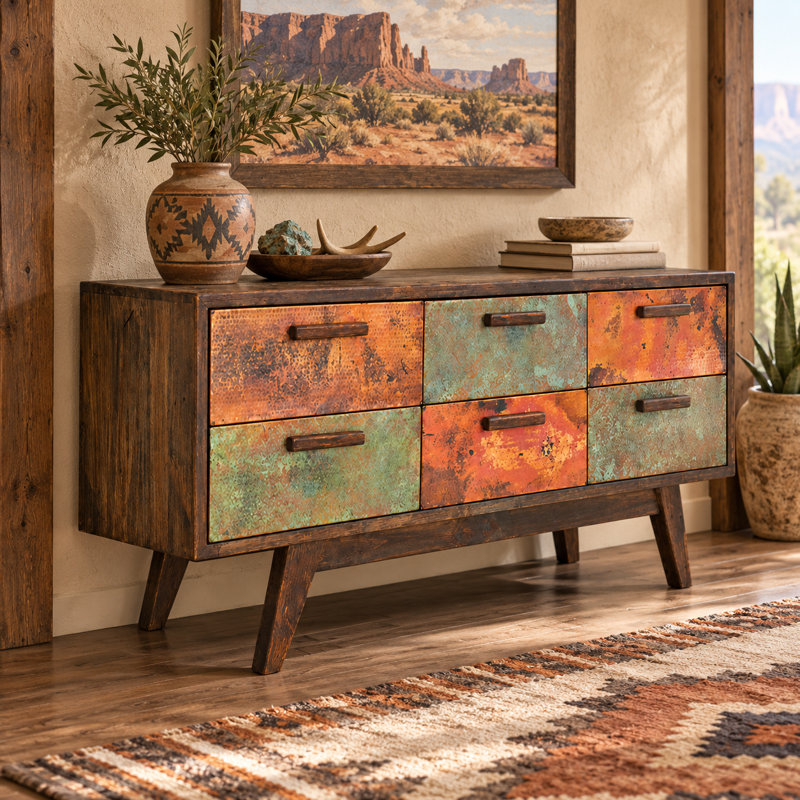 Commode à 6 tiroirs Red Rock Valley avec façades en cuivre vieilli martelé et cuivre vert-de-gris