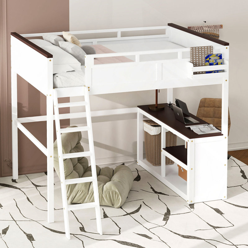 Lit mezzanine avec bureau, tablette ouverte et boîte de rangement, station de charge USB