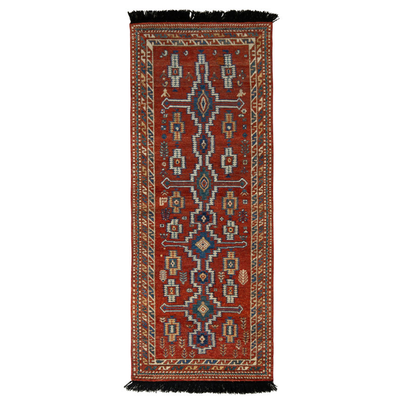 Rug & Kilim’S Tribal Runner In Red And Blue Geometric Pattern, Runner 3' x 14'