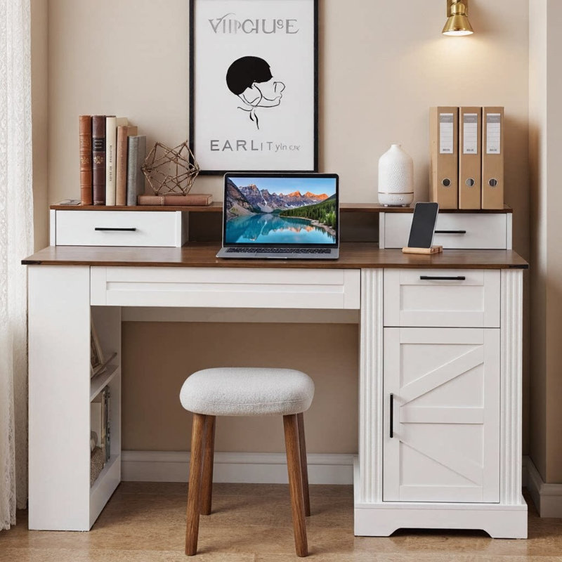 55" Farmhouse Desk with Charging Station — Pegboard Charm & Silo Storage for Your Compact Country Command, White