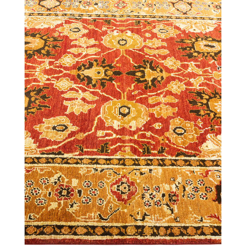 Tapis orange / rouge / noir en laine noué à la main de conception unique 4 pi 7 po x 7 pi 7 po New Age