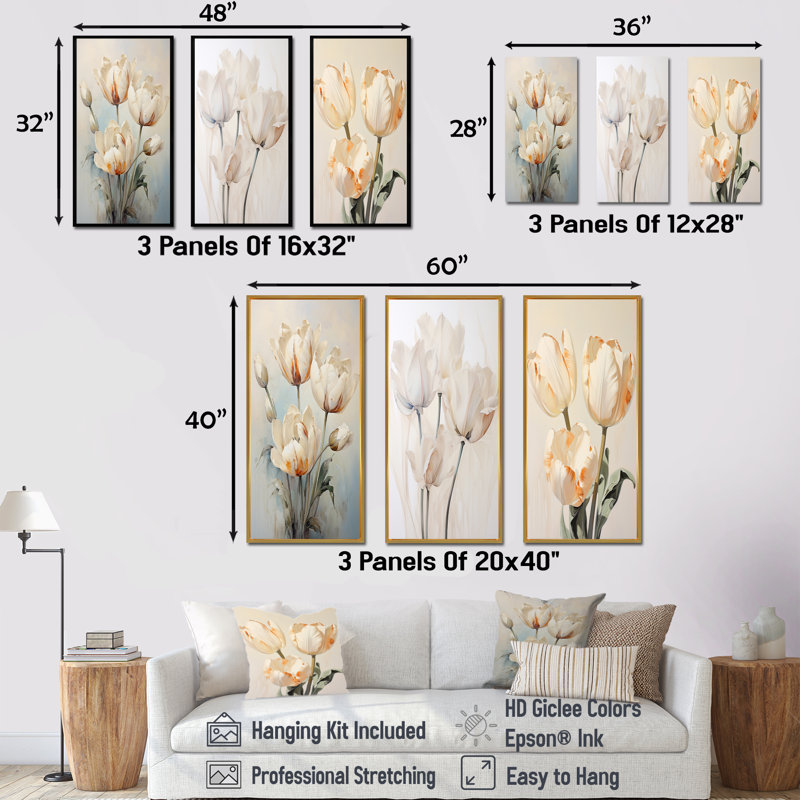 Minimalisme beige, ensemble de 3 tulipes symphoniques sur toile, Cadre flottant brun, H 32 po x l 48 po