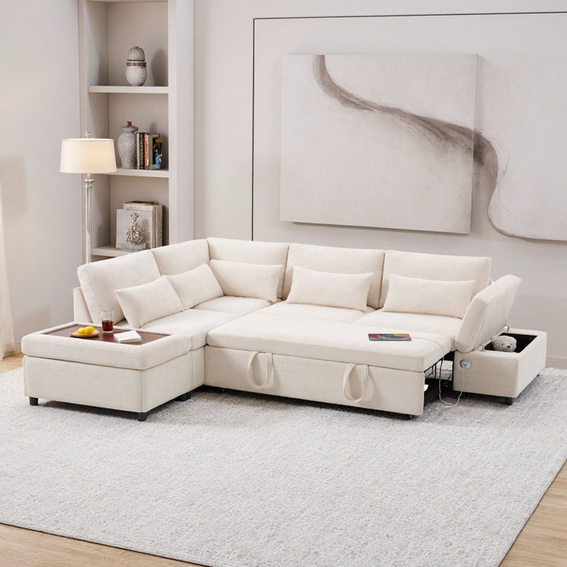 107" Chenille L-Shaped Sleeper Sofa Bed with USB Charging, Storage Ottoman & Adjustable Armrests, Beige