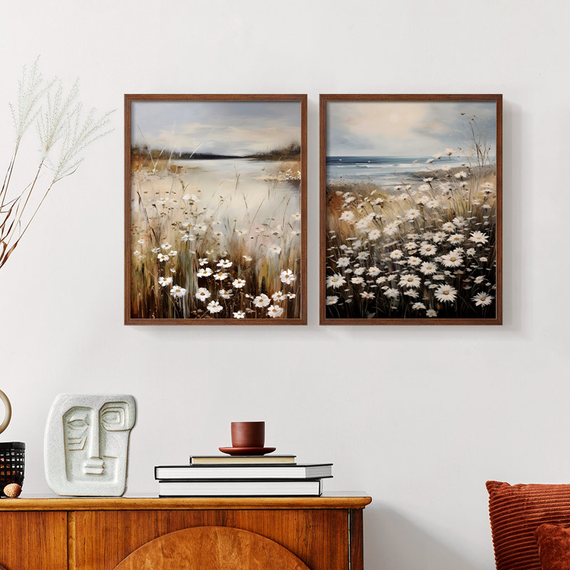 Rétro, impression florale et giclée sur fond vintage - Ensemble de 2, Noyer, H 17 po x l 42 po