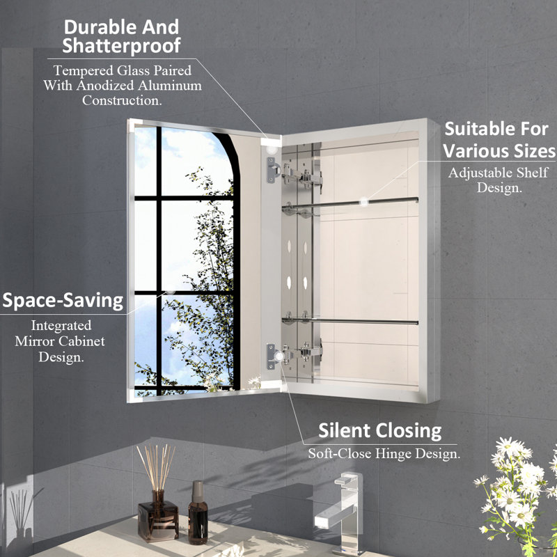 Flicker 15 in. W x 24 in. H Medicine Cabinet Mirror in Silver, Silver, 24" H x 15" W x 4" D