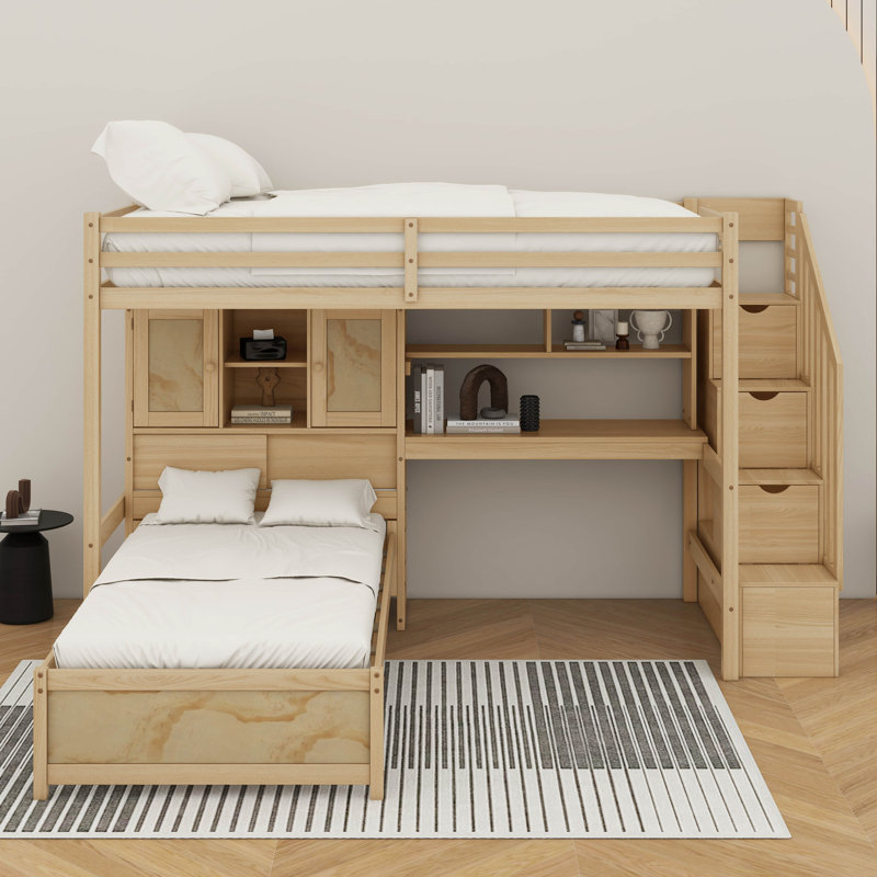 Lit mezzanine simple au-dessus de simple avec bureau, Naturel