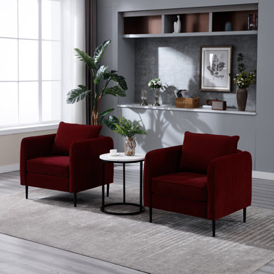 Wine Red Velvet Accent Chair For A Relaxing Living Room - Mid Century Modern Single With Plump Pillows And L Shape Metal Legs, Comfortable Armchair Bedroom Rest Design High Density Sponge Cushion