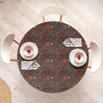 Bungalow Rose Mandala Fitted Round Tablecloth Vermilion Ruby Sky Blue