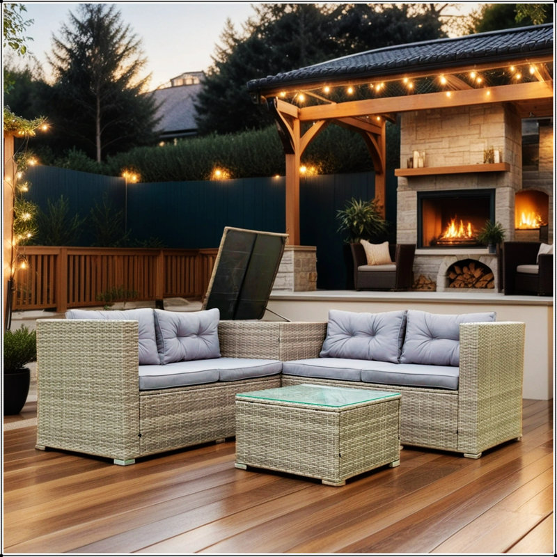 Ensemble de canapé modulaire d'extérieur en rotin avec boîte de rangement 4 pièces - Crème, Gris