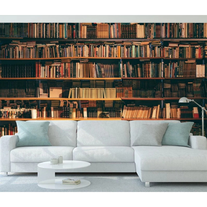 Rustic Bookshelf Library Wall Mural for Home Decor, 108" L x 192" W