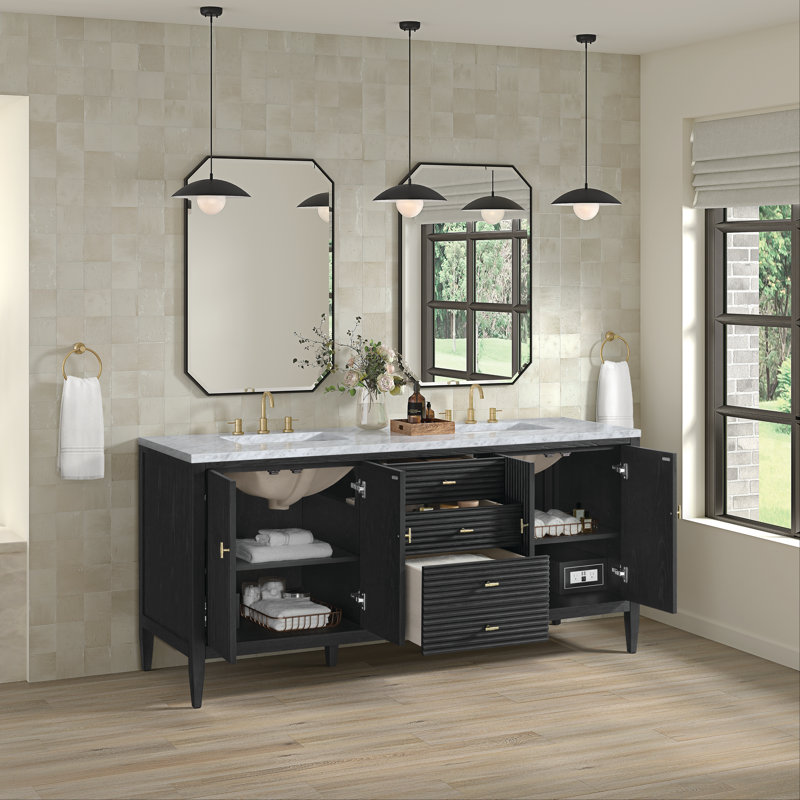Myrrin 72 in. Handmade Double Vanity, Carbon Oak, Carrara White, 8" Widespread
