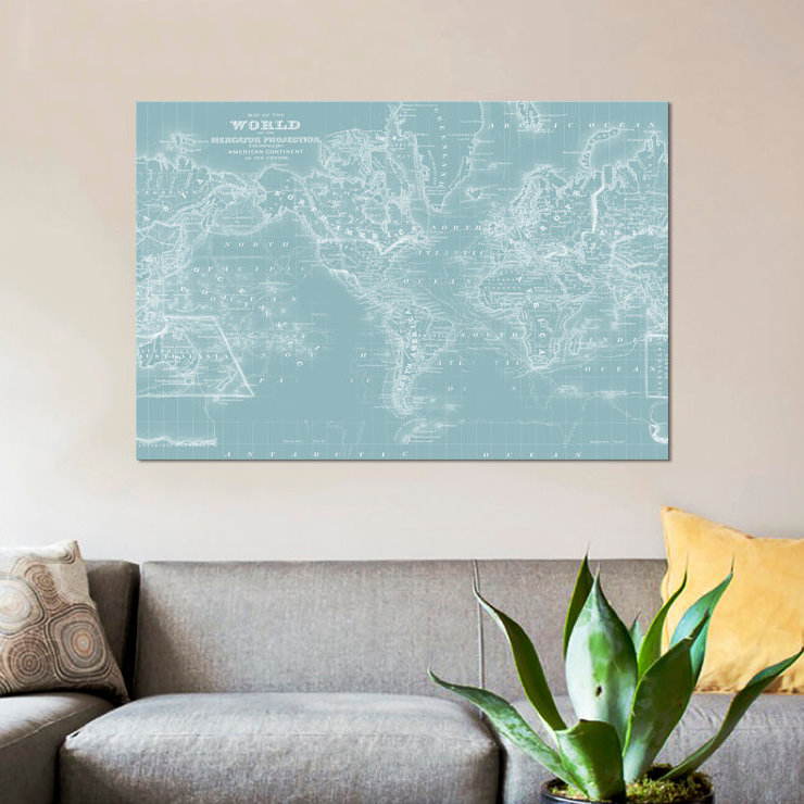 « world map on aqua », impression sur toile, H 18 po x l 26 po x P 1,5 po, Pas de tapis, Toile tendue