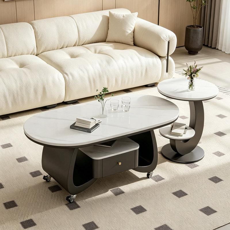 Table basse pour petit appartement avec roues verrouillables, H 17,71 po x L 39,37 po x l 19,68 po, Blanc/Noir