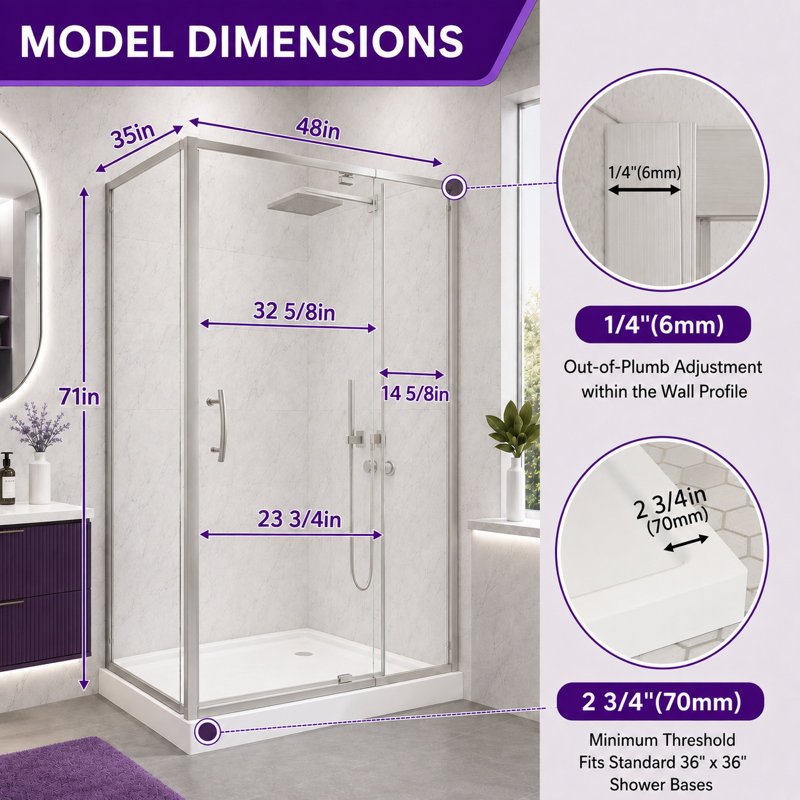 Cabine de douche d'angle semi-encadrée avec verre trempé de 6 mm, charnière pivotante à assistance de levage et porte réversible