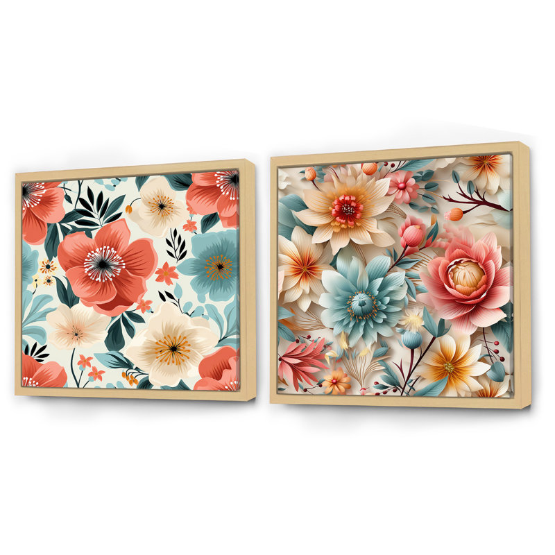 Laureole - Ensemble de 2 collages floraux carrés, Cadre flottant brun, H 30 po x l 61 po