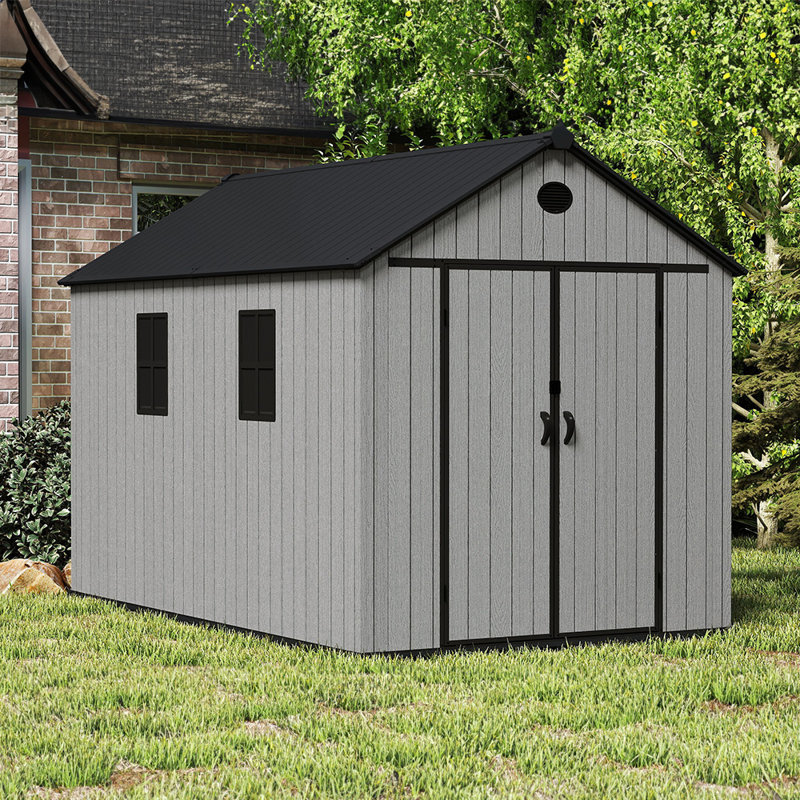 Gray wood-grain pointed-roof plastic tool shed
