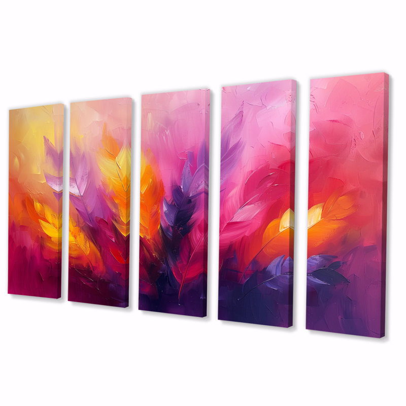 «Pink Yellow Feathered Fantasy III», ensemble d'art mural sur toile, H 32 po x l 80 po