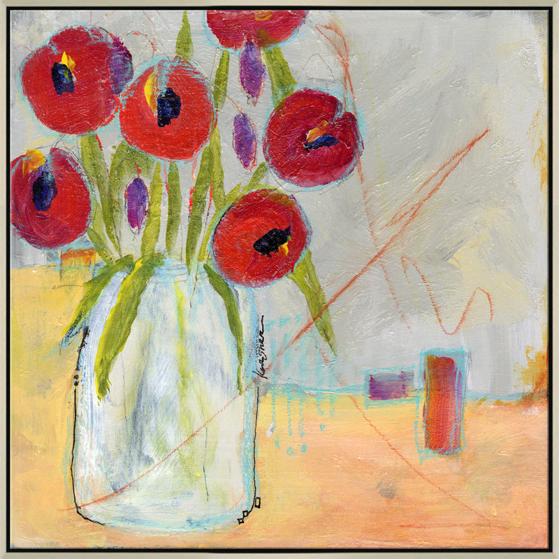 Coquelicots rouges par Jill Krasner, Cadre simple argenté, H 41,5 po x l 41,5 po x P 2,6 po