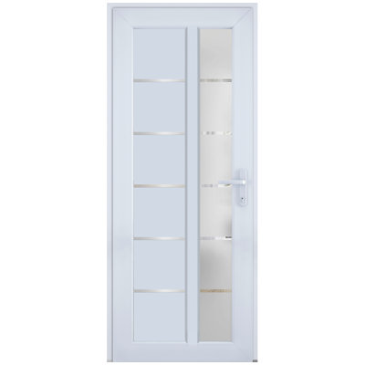 Porte d'entrée extérieure prémontée en fibre de verre, verre dépoli, Manux 8088 Blanc Soie, portes pour bureaux, commerces et résidences, entrée, patio, garage - L 91,4 cm x H 203,2 cm - Ouverture à gauche vers l'intérieur