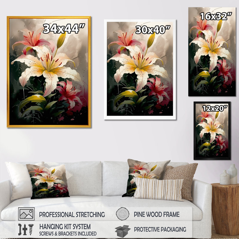 «Cream Artful Lilies I», reproduction sur toile, H 32 po x l 16 po x P 1 po, Toile tendue