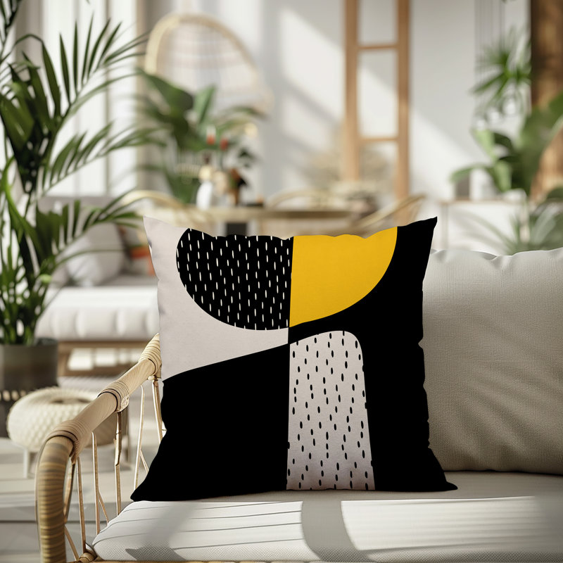 Coussin carré intérieur / extérieur pia, H 15 po x l 15 po, Jaune / noir / blanc cassé