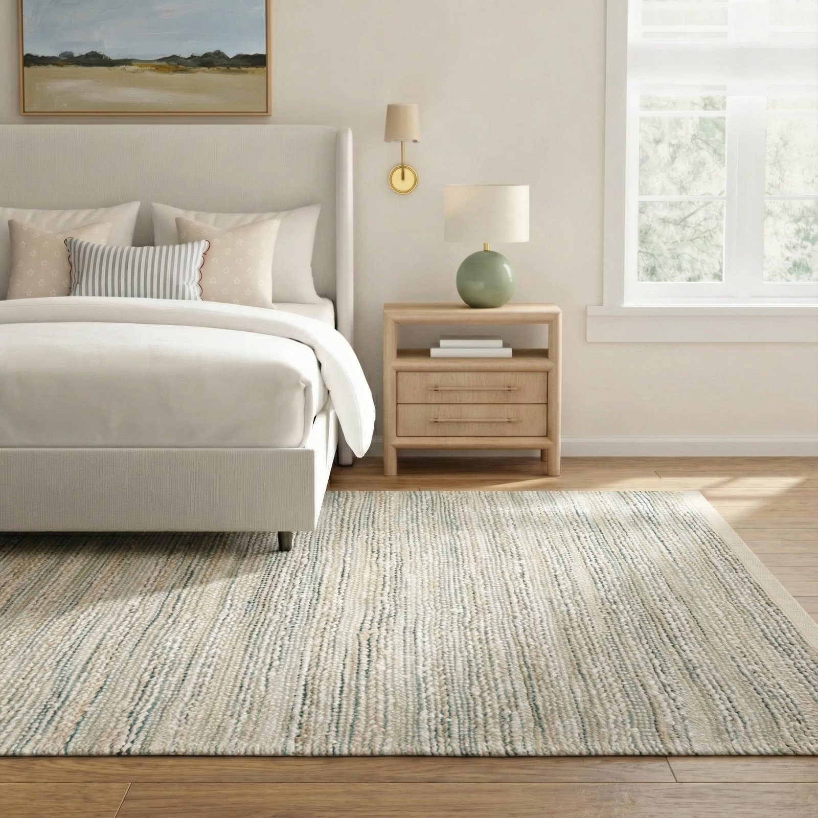 Ian White Gray Teal Striped Flatweave Rug, Rectangle 9' x 12'