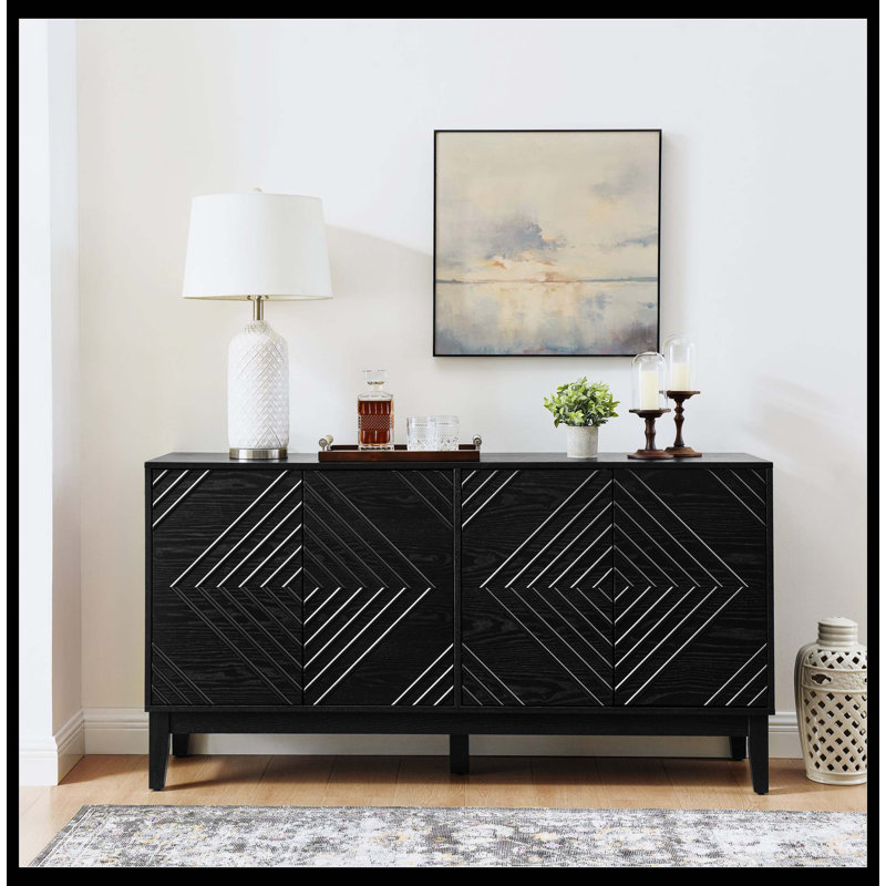 60.5'' Buffet Cabinet With Storage, Farmhouse Fluted Sideboard With Geometric Pattern & Adjustable Shelves, Mid Century Modern TV Stand For Living Room Kitchen Dining Room Entryway