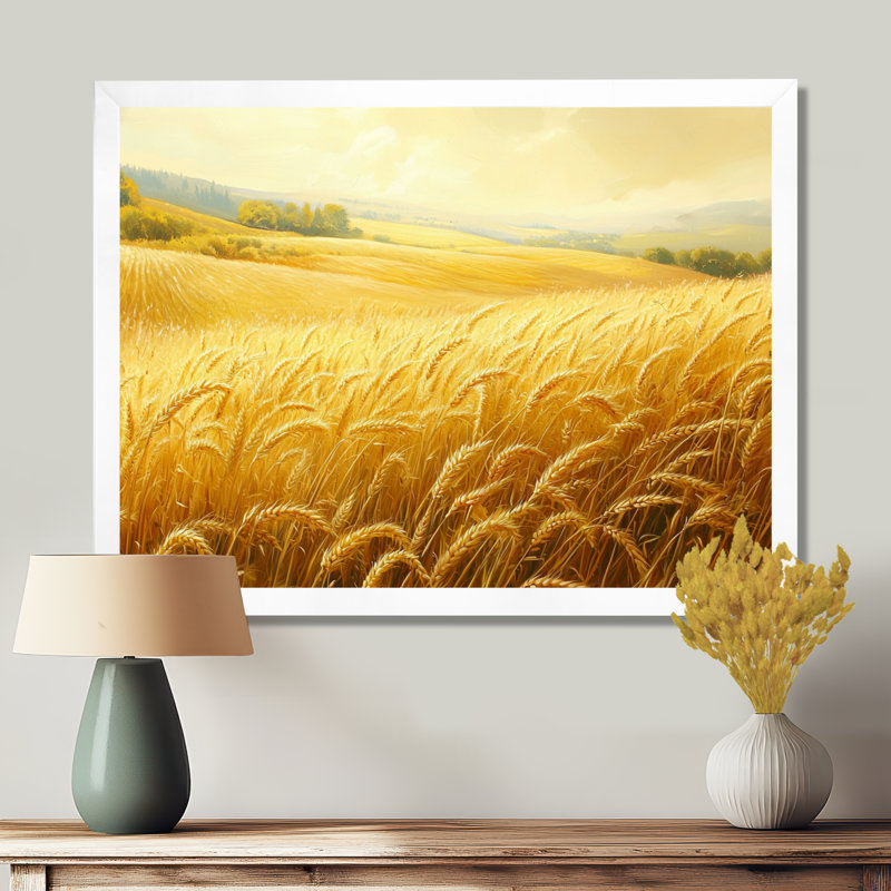 «Countryside Golden Fields In Summer Light II», art mural campagne, H 30 po x l 40 po, Cadre simple, Blanc