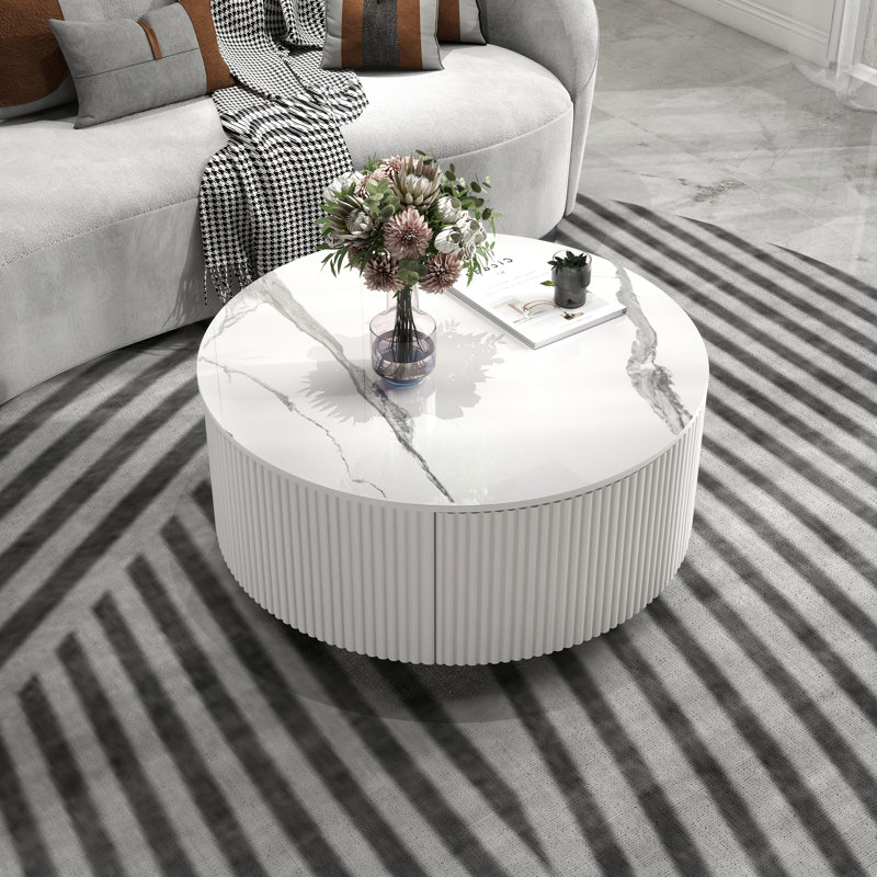 Table basse ronde moderne avec 2 tiroirs et roulettes, plateau en pierre frittée en marbre, conception compacte pour petit salon