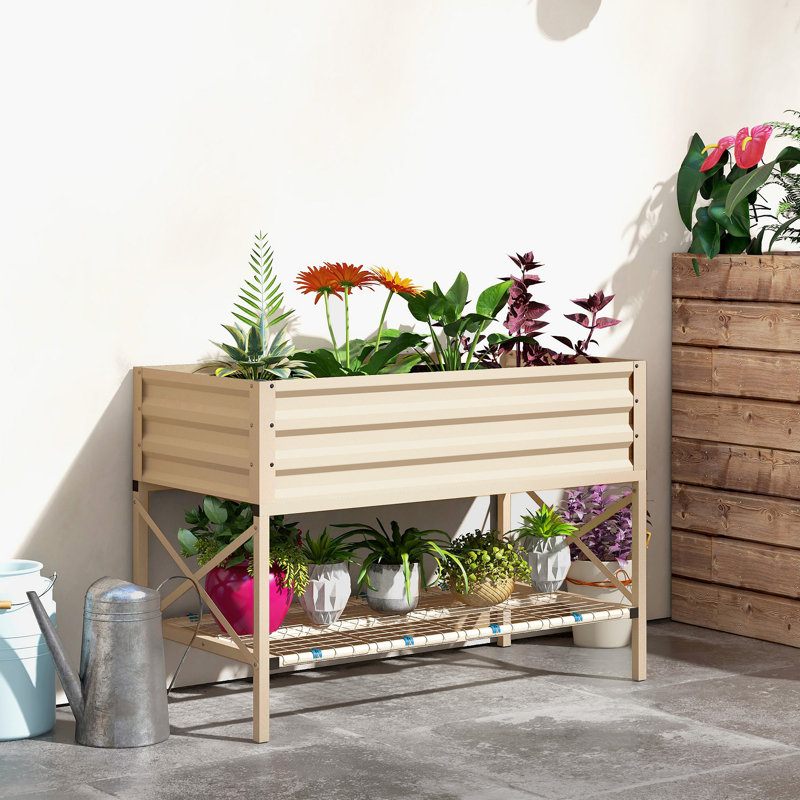 Lit de jardin surélevé avec structure en acier galvanisé, tablette de rangement et doublure de lit, jardinière surélevée avec pieds pour légumes, fleurs