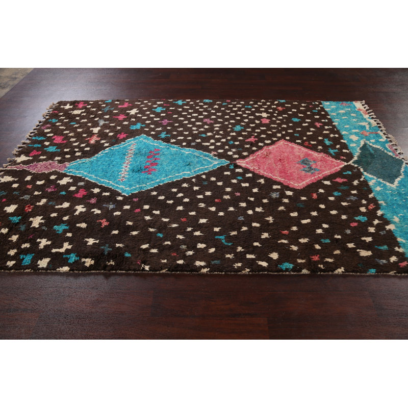 Tapis brun en laine noué à la main de conception unique 5 pi 11 po x 9 pi 1 po marocain