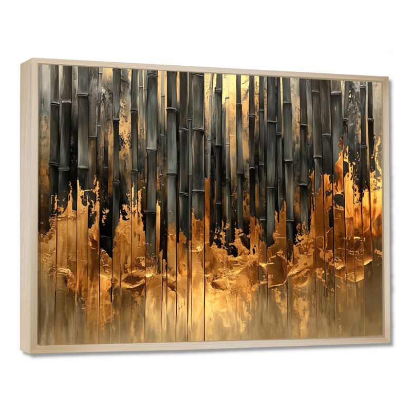 Golden Arashiyama Bamboo River I - art mural en bambou, H 34 po x l 44 po, Impression sur cadre flottant, Crème, crème
