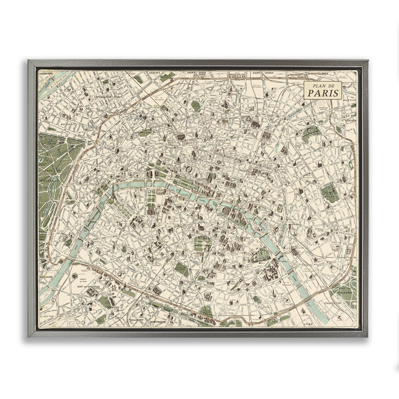 Carte rétro de Paris, cadre flottant, design par Phillipa Katz, H 17 po x l 21 po, Cadre flottant gris lustré