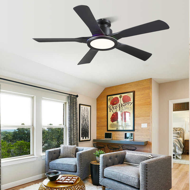 52" Flush Mount Ceiling Fan With Rgb Ring Light, Black, Black