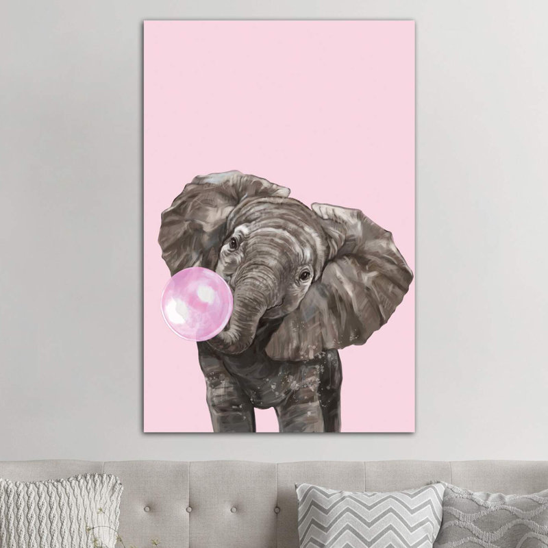 Art d’éléphant de gomme à bulles, H 60 po x l 40po x P 1,5 po, Toile encadrée de bois rustique foncé
