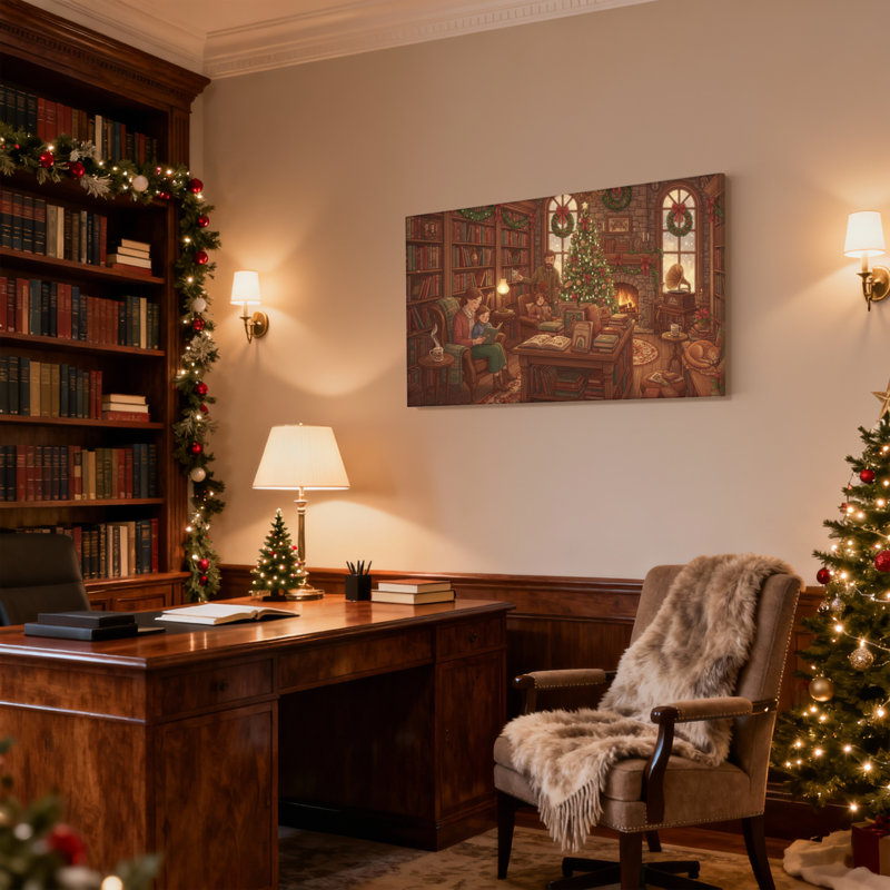 Bibliothèque de Noël, ensemble de 3 impressions sur toile, scène de Noël avec famille, H 24 po x l 36 po