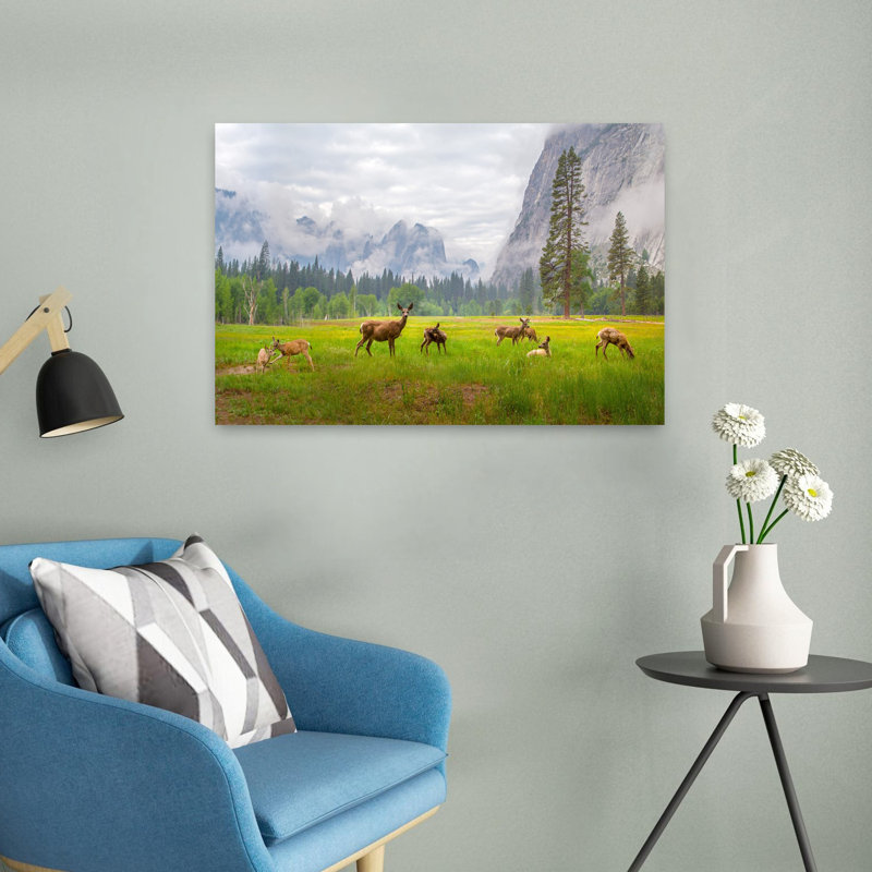 Art contemporain contemporain, paysage de forêt de cerfs abstraits, H 16 po x l 24 po