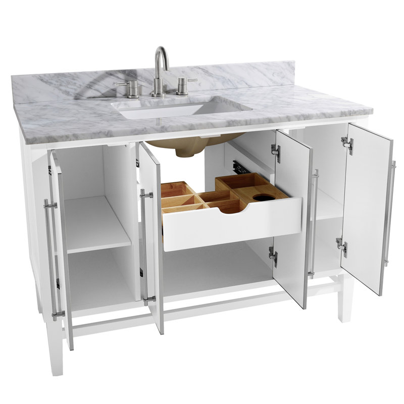 Ensemble de meuble-lavabo simple 49 po avec miroir Ewen, Blanc, Argent brossé, Blanc de Carrare